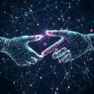Futuristic hands connecting with digital energy in a networked universe symbolizing technology and human interaction