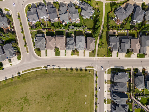 Aerial view of new homes in a residential area of Calgary, Alberta, Canada.
