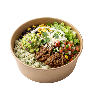 Fresh burrito bowl with grilled meat rice beans guacamole and salsa served in a round paper take out bowl isolated on transparent background