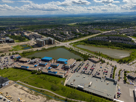 Aerial view of a strip mall in a residential area of Calgary, Alberta, Canada.