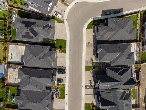 Aerial view of new homes in a residential area of Calgary, Alberta, Canada.