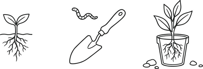 Cute gardening coloring page vector set with plants sprouts roots trowel shovel and worm icons for kids © Sabbir Studio