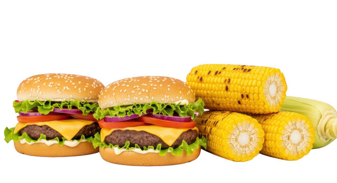 Two cheeseburgers and corn on cob.