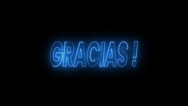 Glowing blue neon gracias text animation on a dark background. 4k animated typography Ideal for social media posts, invitations videos, and signage.
