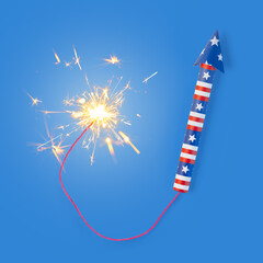 Naklejka premium Fourth of July rocket firework with long braided fuse and burning sparks. Lit firework in USA colors of red, white, and blue for patriotic US American 4th of July or America's Independence day.