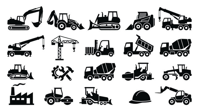 Heavy Construction Equipment Vehicle Icons.