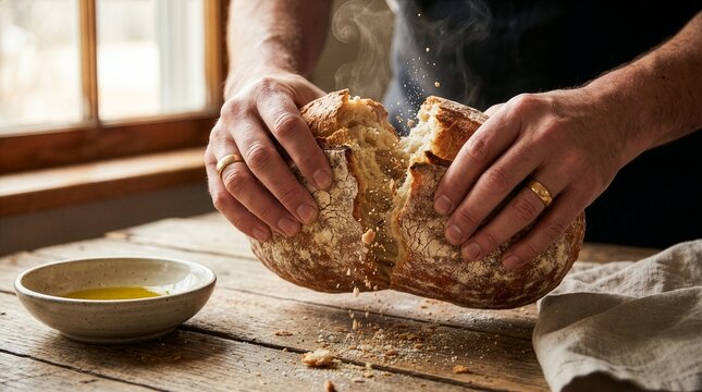 Hands Breaking Fresh Artisan Bread on Rustic Wooden Table with Olive Oil