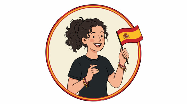 Cheerful young woman illustration shows a happy cartoon girl waving a Spanish flag inside a circular portrait