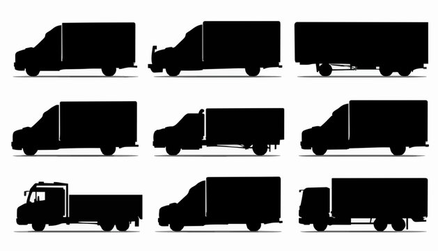 Commercial Truck Silhouette Collection with Cargo Van and Delivery Vehicle Side Front Rear Views Vector Set