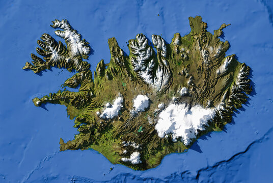 Iceland 3D relief map. Shaded terrain with elevation details. Physical geography visualization. High-resolution map design. Elements of this image derived from NASA imagery and SRTM dataset.