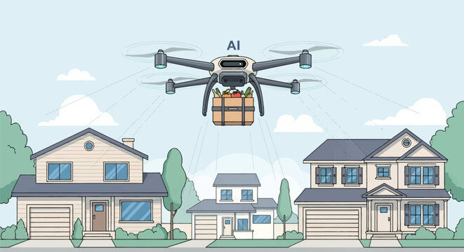 AI autonomous hexacopter delivery drone carrying a crate of fresh vegetables and groceries over a suburban residential neighborhood with houses and garages under a blue sky.