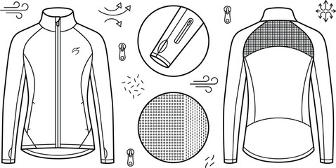 Sports jacket technical sketch vector icon set with front back views fabric and zipper details © Sabbir Studio