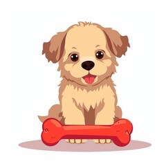 Fototapeta premium Cute Puppy Sitting Beside Red Toy Bone with Fluffy Fur and Big Brown Eyes