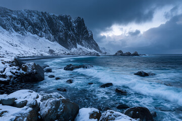 Fototapeta premium Winter coastline with dramatic waves and snow-covered cliffs, photorealistic seascape photography.