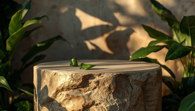 Green frog resting on weathered stone surface in warm natural sunlight with tropical foliage