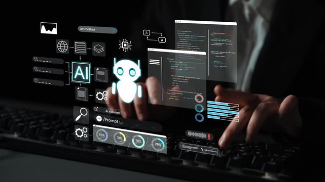 Futuristic Technology Interface with AI Concepts and Code, Depicting a Programmer Interacting with Digital Elements on a Keyboard in a Dark Environment Gluon.