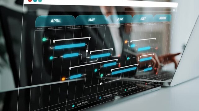 Business Professional Analyzing Project Timeline with Digital Gantt Chart on Laptop Display in Modern Office Environment Sigmoid