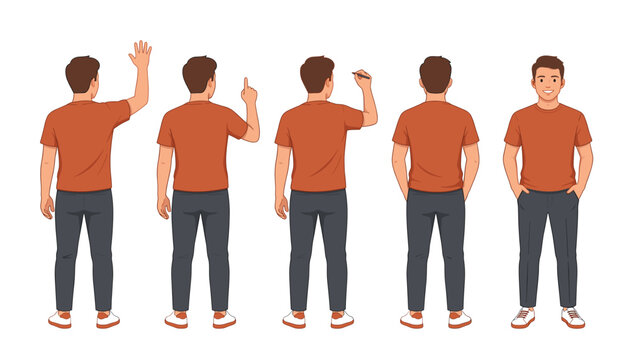 Young man in orange t-shirt from front and back view poses. Casual male character set, waving hand, pointing, writing gesture, standing with pockets.