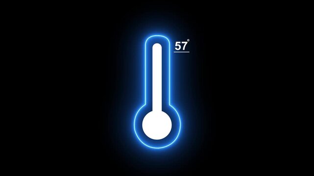 Neon thermometer with digital temperature display on black background, minimalist weather and climate data visualization motion
