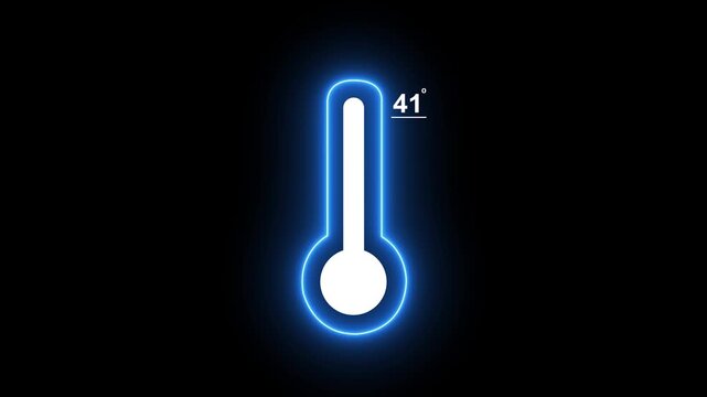 Neon blue thermometer rising to temperature 41 degrees celsius digital interface animation for weather and climate data visualization