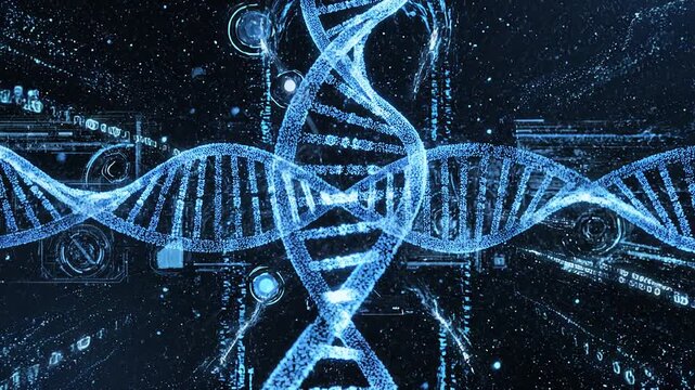 Giant DNA double helix made of glowing blue particles rotating slowly in dark space with data