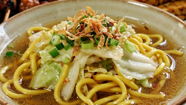 Comfort Food Javanese Noodle Soup Bakmi Jawa with Cabbage and Fried Shallots
