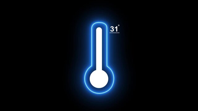 Neon glowing thermometer displaying temperature 31 degrees celsius digital interface animation for weather and climate data visualization