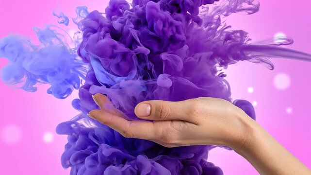 Creative abstract hand holding swirling purple and blue fluid ink clouds on a pink bokeh background