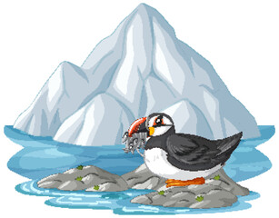 Obraz premium Atlantic Puffin Holding Small Fish in Beak Near Arctic Iceberg