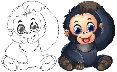 Obraz premium Cute Baby Gorilla Cartoon Character with Line Art Coloring Page