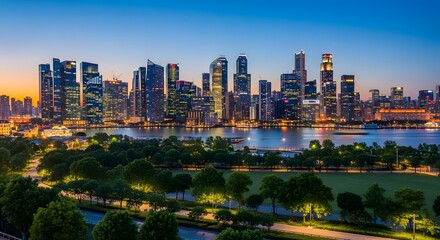 Obraz premium The illuminated Singapore city skyline with modern skyscrapers reflects on the calm water at dusk