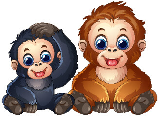 Obraz premium Cute Cartoon Baby Gorilla and Orangutan Sitting Together on White Background