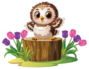 Obraz premium Cute Cartoon Baby Owl Sitting on a Tree Stump with Tulips