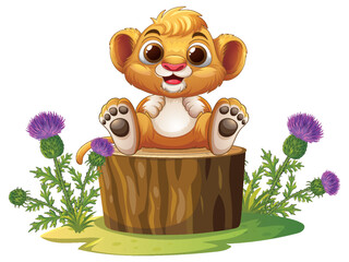 Obraz premium Cute Cartoon Lion Cub Sitting on a Tree Stump with Thistles