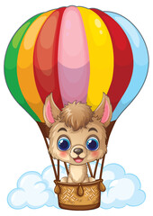 Fototapeta premium Cute Cartoon Llama Flying in a Colorful Hot Air Balloon Above Clouds