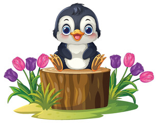 Obraz premium Cute Cartoon Penguin Sitting on a Tree Stump with Tulips