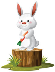 Obraz premium Cute White Bunny Holding Carrot on Tree Stump
