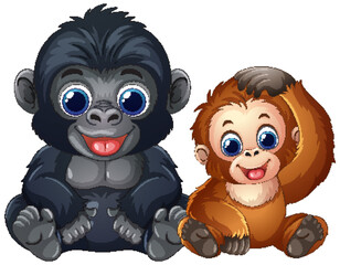 Obraz premium Vector Illustration of a Smiling Baby Gorilla and Young Orangutan