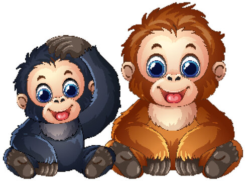 Cute Cartoon Baby Gorilla and Orangutan Sitting Together on White Background