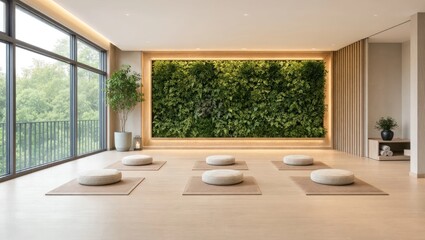 Fototapeta premium Zen meditation room with floor cushions lush green living wall, for inner peace, mindfulness, mental wellness, balanced lifestyle in modern minimalist architectural space