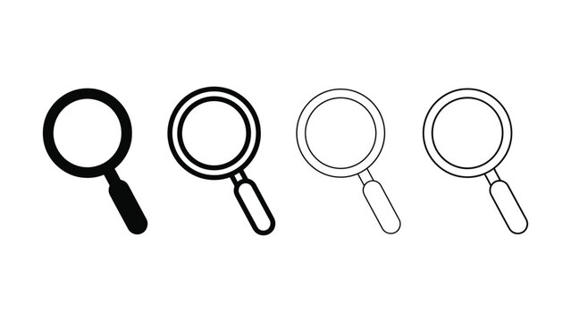 Four different magnifying glass icons in black and white on transparent background