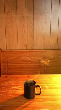 Vertical wide shot of steaming black mug on rustic wooden table with golden light, Hot drink with dancing steam on a wooden bench table illuminated by warm sunlight
