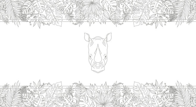Rhino Head Outline with Tropical Leaves Border - Minimalist Wildlife Art