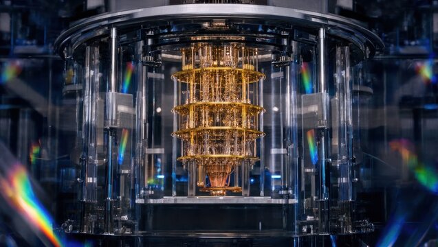 Advanced quantum computer processor with gold circuitry cooling systems, for future high speed computing, complex data processing, breakthrough scientific innovation