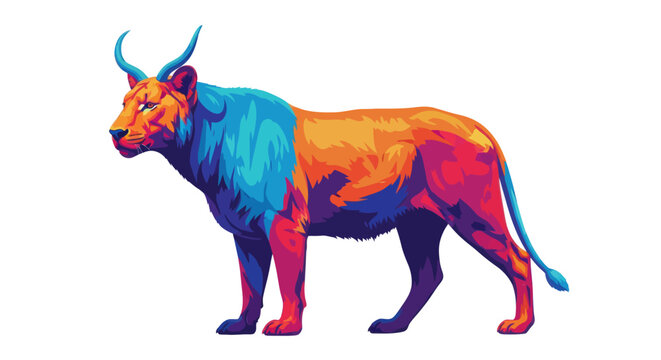 Colorful mythical horned tiger lion beast pop art vector illustration isolated on white