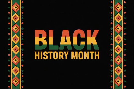 Black History Month banner with Pan-African colors and geometric tribal border on black background