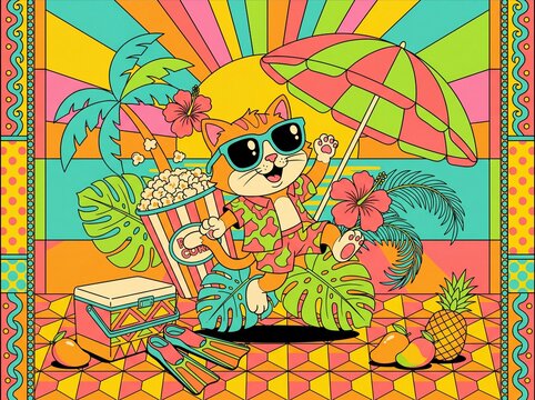 Cat enjoying a tropical beach day with popcorn and colorful foliage.