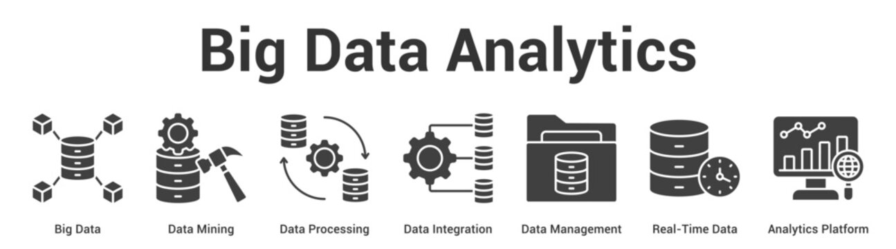 Big Data Analytics web banner icon vector illustration concept for business with icon of Big Data, Data Mining, Data Processing, Data Integration, Data Management, Real-Time Data, Analytics.