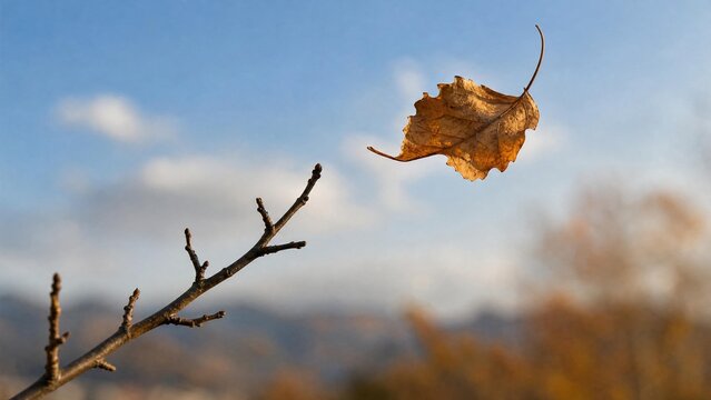 withered. A withered leaf being carried by the wind from a bare branch against a clear sky. ESG reports, sustainability campaigns, designed for sustainability communications and ESG reporting.