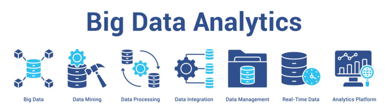 Big Data Analytics web banner icon vector illustration concept for business with icon of Big Data, Data Mining, Data Processing, Data Integration, Data Management, Real-Time Data, Analytics.